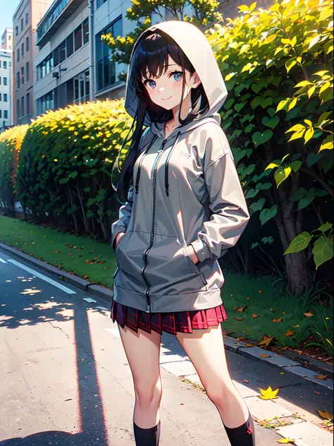 ((1 beautiful young girl)),(Solo、1 persons)、 ((14-year-old junior high school girl:1.5))、(flat chest)、(Dark-haired girl in grey oversized full-zip hoodie:1.37),(Do not wear hoodie hood:1.3)、Wearing a shirt inside a hoodie、(red plaid pleated skirt), (high s...