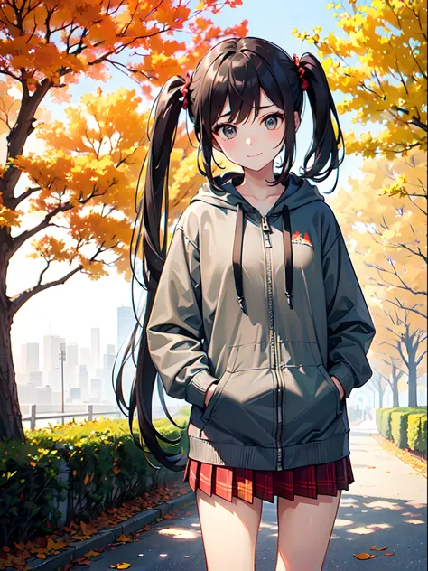 ((1 beautiful young girl)),(Solo、1 persons)、 ((14-year-old junior high school girl:1.5))、(flat chest)、(Dark-haired girl in grey oversized full-zip hoodie:1.37),(Do not wear hoodie hood:1.3)、Wearing a shirt inside a hoodie、(red plaid pleated skirt), (high s...