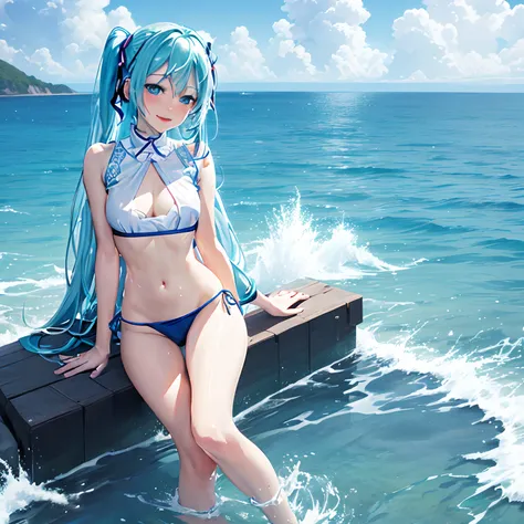 1 rapariga、(Solo), anime style, super fine illustrations、beautiful seductive anime girl、Super detailed、Smile、beautiful blueish eyes、Beautiful proportions、HATSUNEMIKU、Slender、gentle expressions、seductive anime girls、Lackluster skin、Transparent sexy bikini s...