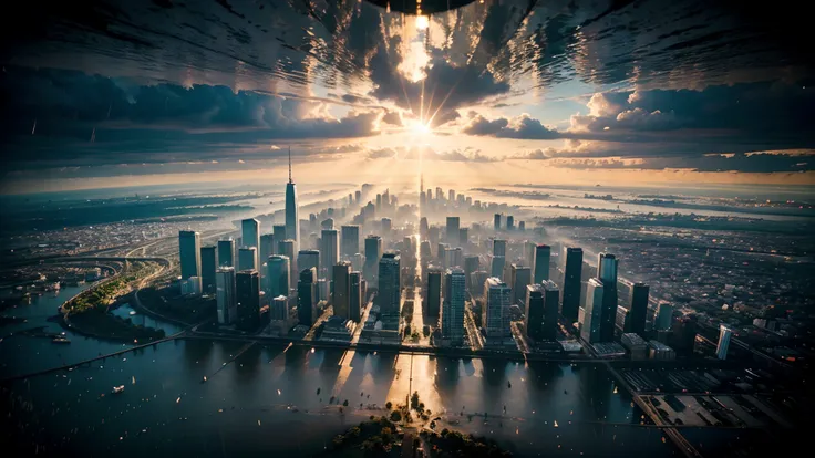 An image of a city where half the city is raining and the other half is sunny