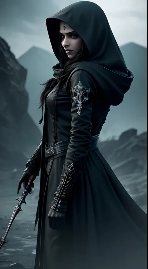 Create a frighteningly detailed and realistic depiction of the hooded figure of Death. Deepika Padukone. The scene is expected to feature a black silhouette with a skull on a face and a skeletal hand holding a menacing sickle. Esta figura sinistra deve ter...