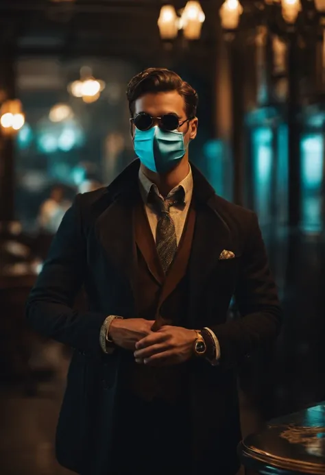 Crie um personagem pra canal de YouTube, of mystery , What appears to be a detective wearing a mask, roupa social