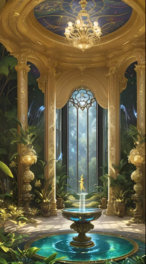 (best quality,highres),(realistic:1.37),golden spider,spiderweb,fantasy home,shiny walls,crystal chandelier,exquisite furniture,expansive garden,enchanted atmosphere,lush vegetation,sparkling water fountain,dazzling sunlight,tranquil pond,mesmerizing flowe...