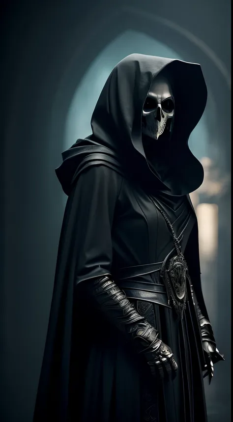 Create a frighteningly detailed and realistic depiction of the hooded figure of Death. Deepika Padukone. The scene is expected to feature a black silhouette with a skull on a face and a skeletal hand holding a menacing sickle. Esta figura sinistra deve ter...