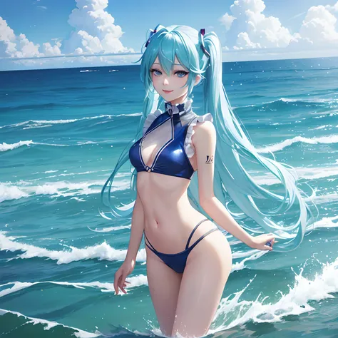 1 rapariga、(Solo), anime style, super fine illustrations、beautiful seductive anime girl、Super detailed、Smile、beautiful blueish eyes、Beautiful proportions、HATSUNEMIKU、Slender、gentle expressions、seductive anime girls、Lackluster skin、Transparent sexy bikini s...