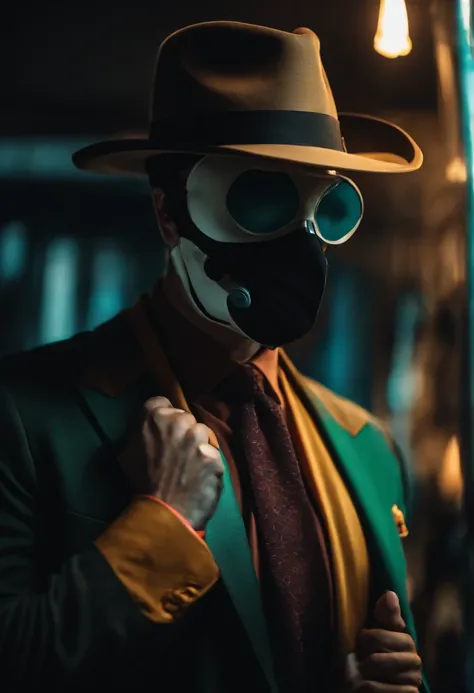 Crie um personagem pra canal de YouTube, of mystery , What appears to be a detective wearing a mask covering his entire face, roupa social preta