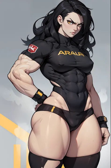 1 girl pale skin black hair yellow eyes long hair angry muscular toned body bodybuilder curvy wide hips thick thighs