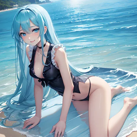 1 rapariga、(Solo), anime style, super fine illustrations、beautiful seductive anime girl、Super detailed、Smile、beautiful blueish eyes、Beautiful proportions、HATSUNEMIKU、Slender、gentle expressions、seductive anime girls、Lackluster skin、Transparent sexy bikini s...