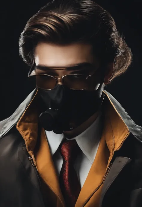 Crie um personagem pra canal de YouTube, of mystery , What appears to be a detective wearing a mask covering his entire face, roupa social preta. Estilo desenho