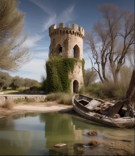 Torre medieval abandonada, Em um lago no espanhol, with boat wrecks and dry trees.