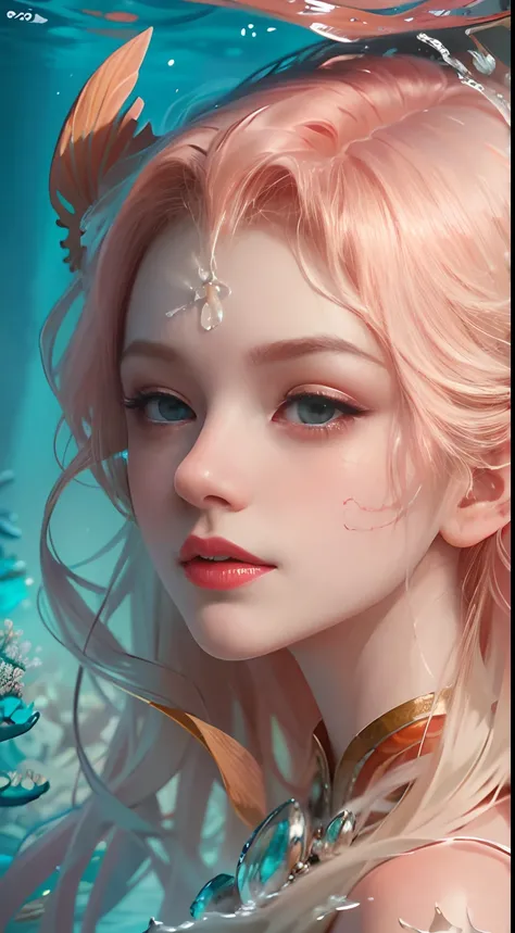 ModelShoot style, (Extremely detailed Cg Unity 8K wallpaper), A chaotic storm of intricate liquid smoke in the head, Stylized abstract photo of mermaid girl, wetted skin,Clownfish，Beautiful clownfish，Schools of clownfish with oddly shaped corals，ocean floo...