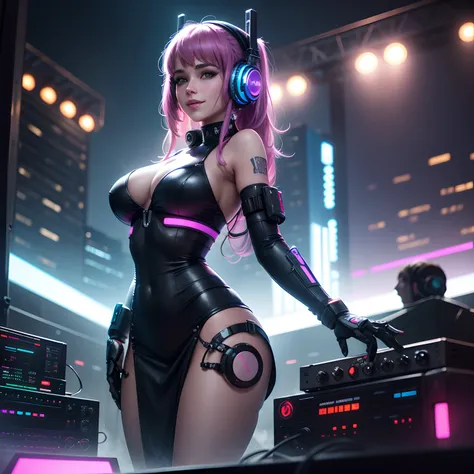 Long-range shots，wide wide shot，(Best quality), (Masterpiece), A beautiful cyberpunk woman，Robotic arm，The mixer is on the body，（Female DJ）Hefty Smile，DJ headphones, Outdoor music festival，A large audience watched the female DJ --auto