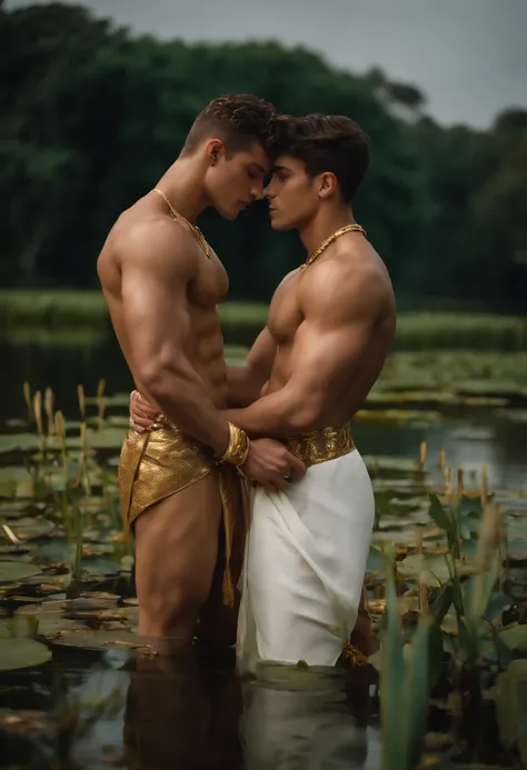 2boys kissing and embracing, masterpiece, best quality, slim lean boys young adults standing shirtless in a tranquil pool surrounded with water lilies and reeds. The men are muscular lean slim and well built, with defined muscles. The men are wearing white...