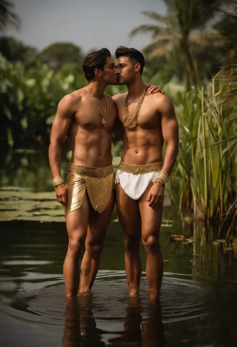 2boys kissing and embracing, masterpiece, best quality, slim lean boys young adults standing shirtless in a tranquil pool surrounded with water lilies and reeds. The men are muscular lean slim and well built, with defined muscles. The men are wearing white...