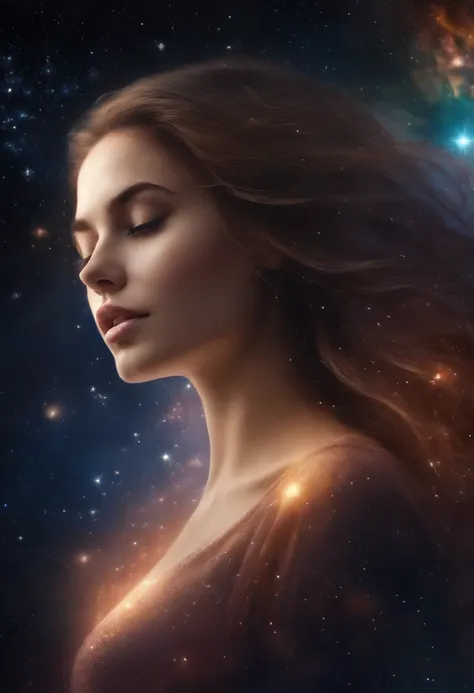 High detail, Super Detalhe, super high resolution, Girl enjoying her time in the galaxy of dreams, cercado por estrelas, luz quente aspergida sobre ela, background is starry sky with colorful galaxies and clouds of galaxies, estrelas voando ao seu redor, r...