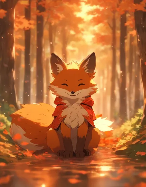 (best quality,4k,8k,highres,masterpiece:1.2),ultra-detailed, lots of mapple leaf falling,colorful autumn scene,lonely fox,cute fox,autumn forest,fox wearing cloak made of maple leaves,hiding fox,root of a tree,rainy day,serene atmosphere,maple trees,fall f...