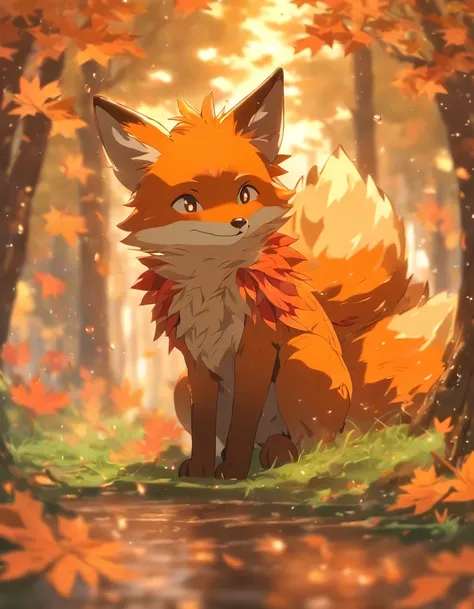 (best quality,4k,8k,highres,masterpiece:1.2),ultra-detailed, lots of mapple leaf falling,colorful autumn scene,lonely fox,cute fox,autumn forest,fox wearing cloak made of maple leaves,hiding fox,root of a tree,rainy day,serene atmosphere,maple trees,fall f...