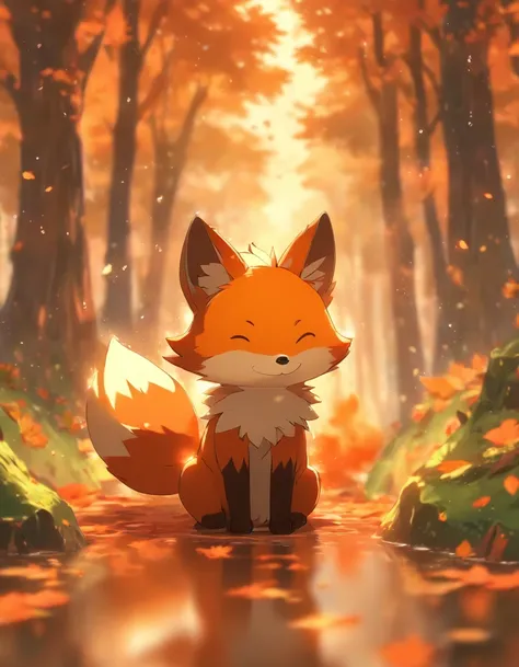 (best quality,4k,8k,highres,masterpiece:1.2),ultra-detailed, lots of mapple leaf falling,colorful autumn scene,lonely fox,cute fox,autumn forest,fox wearing cloak made of maple leaves,hiding fox,root of a tree,rainy day,serene atmosphere,maple trees,fall f...