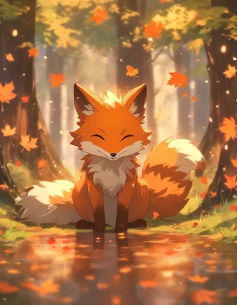 (best quality,4k,8k,highres,masterpiece:1.2),ultra-detailed, lots of mapple leaf falling,colorful autumn scene,lonely fox,cute fox,autumn forest,fox wearing cloak made of maple leaves,hiding fox,root of a tree,rainy day,serene atmosphere,maple trees,fall f...