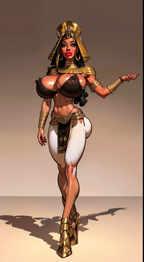 ((masterpiece)),(((best quality))),((character design sheet)), ((full body view)) ((Egyptian queen) mature face, ((Nemes:1.4)), defined cheekbones, high cheekbones, illustration,  muscular, ((gold:1.4)), sexy bimbo, (gigantic breasts:1.7) black hair, ((det...