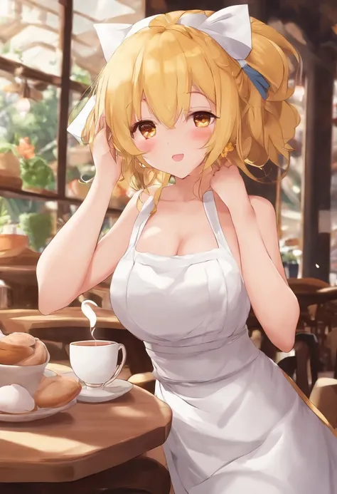 1girl, solo, Chicu from FNIA, yellow hair, (naked:1.3), (white apron), large breasts, cleavage, thighs, cafe background, (blushing:1.3)