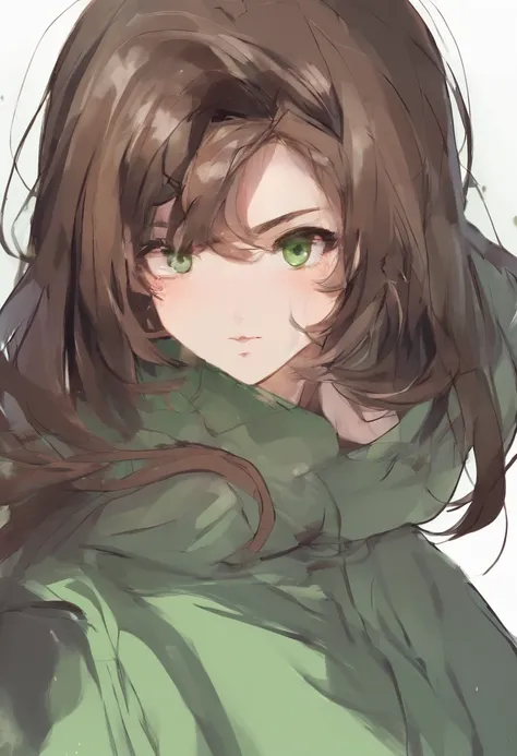 Brown hair anime girl, bun and green eyes face portrait. White sweatshirt