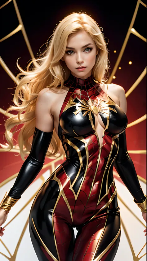 Beautiful blonde woman detailed defined body using gold Spiderman cosplay with black & red accent lines, bare thighs, huge breasts, perfect fingers, thigh gap, sensual pose, dynamic pose, erotic pose