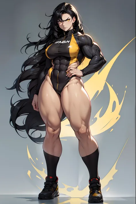 1 girl pale skin black hair yellow eyes long hair angry muscular toned body bodybuilder curvy wide hips thick thighs (full body)