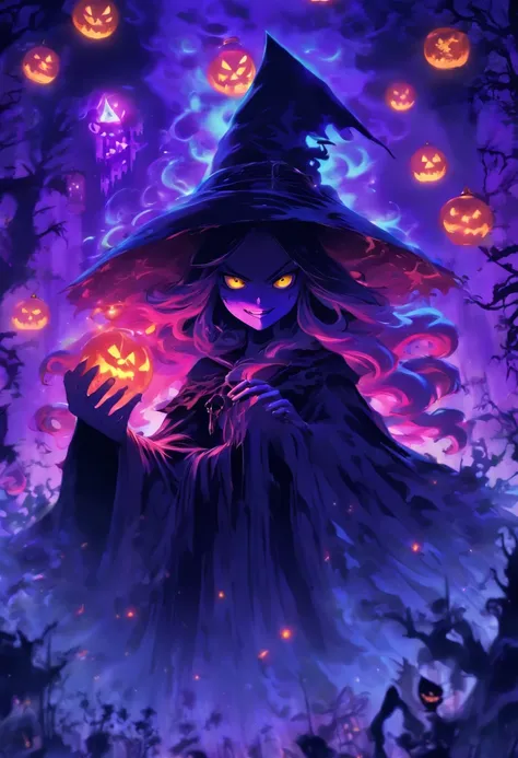 (best quality,4k,highres),(realistic:1.37),ultra-detailed,gloomy,horror,witch,insane,casting,purple skull based glowing spells,dark forest,moonlight,thick fog,bats flying,burning candles,spellbook,spider webs,broomstick,witch hat,long wavy hair,piercing ey...