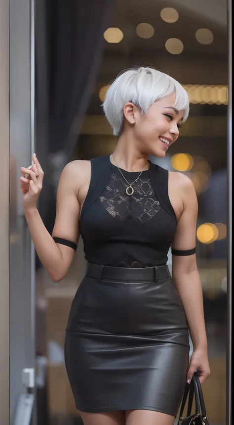 Malay girl, very short white hair, pixie cut hair, wear Artsy style outfit, laughing and posing with hand on head, touching her own head, wear handbag, from back view, windy, detail skin, age spot, detail skin texture, mole below eyes, small breast, flat c...