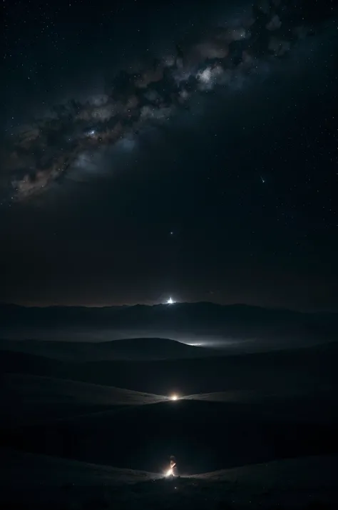 Por favor, Generate a high-resolution image with a dark, fundo estrelado. The night sky should be filled with bright stars that create a sense of depth and mystery.

Include a subtle cloud of smoke in the image to add an atmospheric element. The smoke shou...