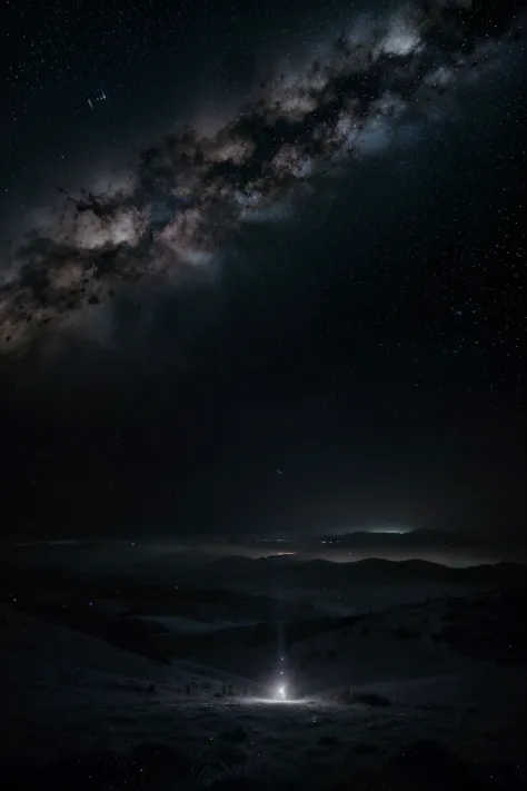 Por favor, Generate a high-resolution image with a dark, starry background. The night sky should be filled with bright stars that create a sense of depth and mystery.

Include a subtle cloud of smoke in the image to add an atmospheric element. The smoke sh...