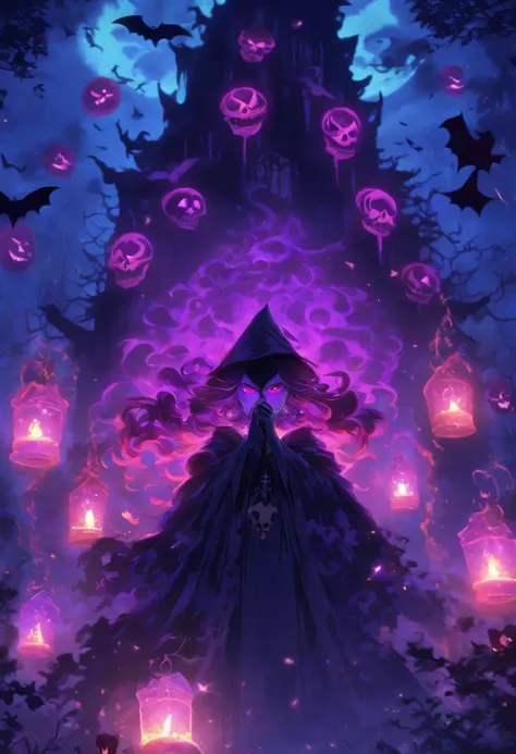 (best quality,4k,highres),(realistic:1.37),ultra-detailed,gloomy,horror,witch,insane,casting,purple skull based glowing spells,dark forest,moonlight,thick fog,bats flying,burning candles,spellbook,spider webs,broomstick,witch hat,long wavy hair,piercing ey...