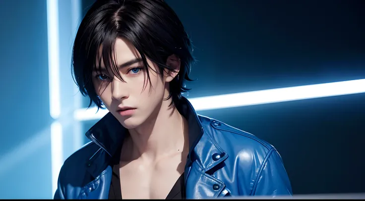 an anime character with dark hair in blue clothes and bright blue neon lighting in the background, 1boy, male focus, solo, jacket, blue eyes, open clothes, black hair, short hair, looking at viewer, open jacket, shirt, closed mouth