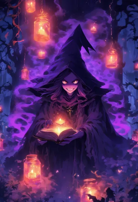 (best quality,4k,highres),(realistic:1.37),ultra-detailed,gloomy,horror,witch,insane,casting,purple skull based glowing spells,dark forest,moonlight,thick fog,bats flying,burning candles,spellbook,spider webs,broomstick,witch hat,long wavy hair,piercing ey...