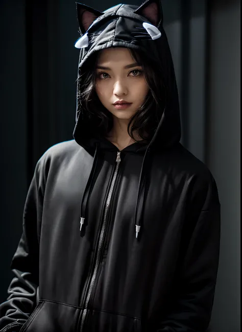 (black theme:1.4), (fusion of black hoodie and black jumpsuit:1.4), (put a hood on head:1.4), (black cat ears on hood:1.3), (black slippers:1.1),