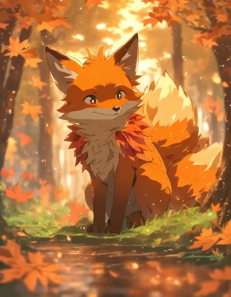 (best quality,4k,8k,highres,masterpiece:1.2),ultra-detailed, lots of mapple leaf falling,colorful autumn scene,lonely fox,cute fox,autumn forest,fox wearing cloak made of maple leaves,hiding fox,root of a tree,rainy day,serene atmosphere,maple trees,fall f...