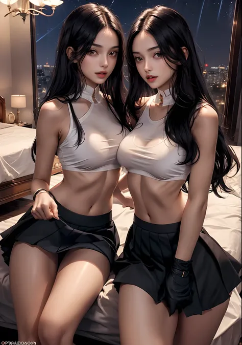 (Incredibly sexy), ((identical twins)), ((21-years-old)), (long black hair), ((hourglass bodies)), (firm breasts), (((no top))), ((no bra)), ((cheerleader skirt)), (luxurious bedroom), (nighttime), ((bare breasts appearing)), ((panties visible))