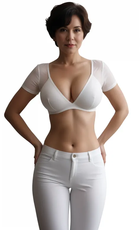 elderly woman in white pants and a white bra top, braless and shirt, upper body image, braless pan shaped breasts, model with mature body, low cut top, wearing a sexy cropped top, wearing crop top, normal breasts size, mature body, short torso, half body c...