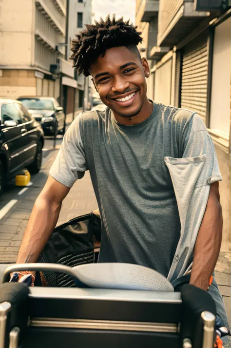 a portrait photo of a smiling road worker in modern city, young_man, light_skin, smile, masterpiece photo, with highly detailed ...