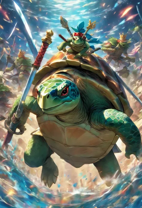 Action turtle wearing a crown and weilding swords