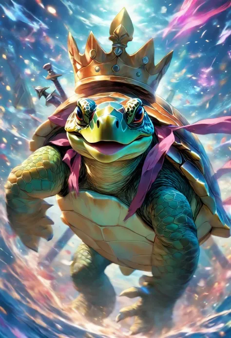 Action turtle wearing a crown and weilding swords