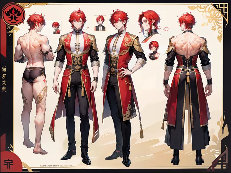 ((Masterpiece, Highest quality)), Male, boy, Detailed face, character design sheet，full body esbian, Full of details, frontal body view, back body view, Highly detailed, Depth, Many parts, Muscle boy with red hair，handsome man,  Traditional chinese clothes...