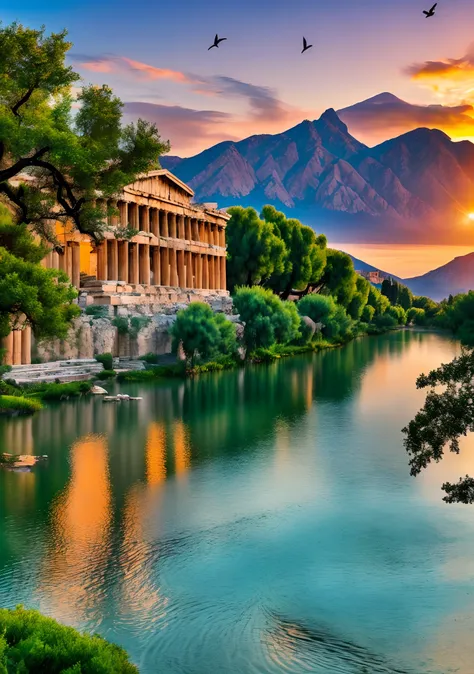 Ancient Greek city,architecture,river, morning,trees,birds,mountains,ionic columns --auto --s2