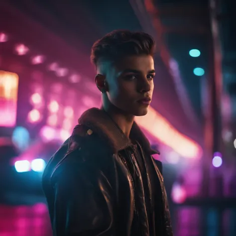 (highres,masterpiece:1.2),ultra-detailed,(realistic,photorealistic,photo-realistic:1.37),cyber punk, handsome boy, detailed eyes, detailed lips, futuristic background, street art, neon lights, vibrant colors, stylish clothing, confident expression, edgy at...