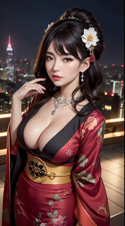 (hyper realstic)、Modern Oiran、(Female Ninja of the 21st Century)､Beautie　　high-level image quality　hight resolution　(Realistic)　Shorthair､Woman with dark hair、A MILF、Middle-aged woman、Big big、Detailed red-black 、detailed skin textures、超A high resolution、Re...