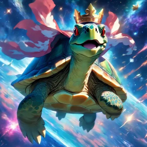 Giant turtle flying through space, wearing cape and crown