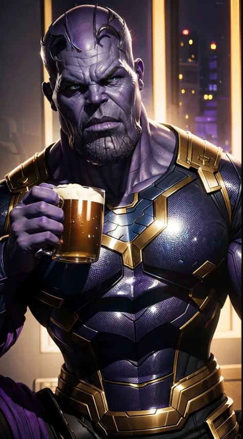 Thanos drinking a mug of beer, identical to the cartoon, original style, original drawing, totally detailed, ultra high resolution, ultra high quality, 8K, ultra sharpness, ultra realistic, ultra detailed eyes, 3D, higly detailed, full body,