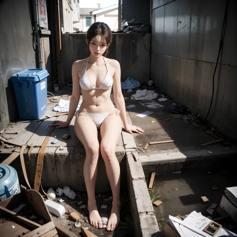 tmasterpiece，photograph realistic，abandoned building，Garbage all over the ground，grimy，Resident Evil，with fair skin，Very beautiful 20 year old Korean girl，White transparent bikini recedes to the crotch，Leaky，Slim legs，very beautiful long slim legs，The bare...