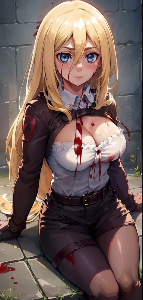 (day:1.7),
sitting on the floor,long sleeves,(((belt, savage girl, brutal, blood, blood on face, sadistic, torment, torture room))), thighs,
blonde hair,blue eyes,bangs, Long_hair,(hair between eyes:1.3),
1 girl, 20yo,mature female,Beautiful Finger,Beautif...